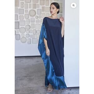 Ocean + Main - Navy and Teal Boatneck Silk Caftan - 1X